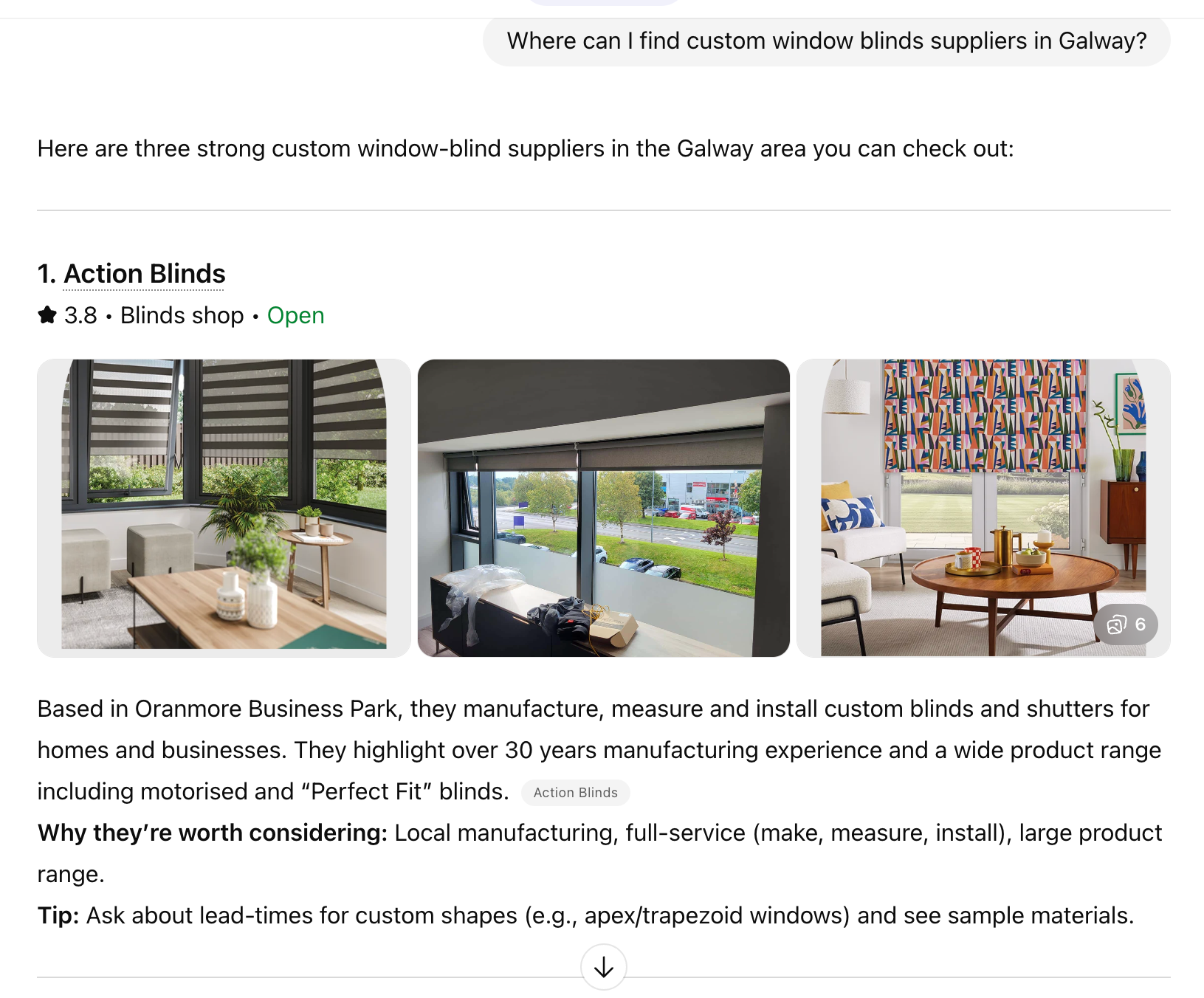 Action Blinds is now the top choice for Ai Search for Where can I find custom blind suppliers in Galway?